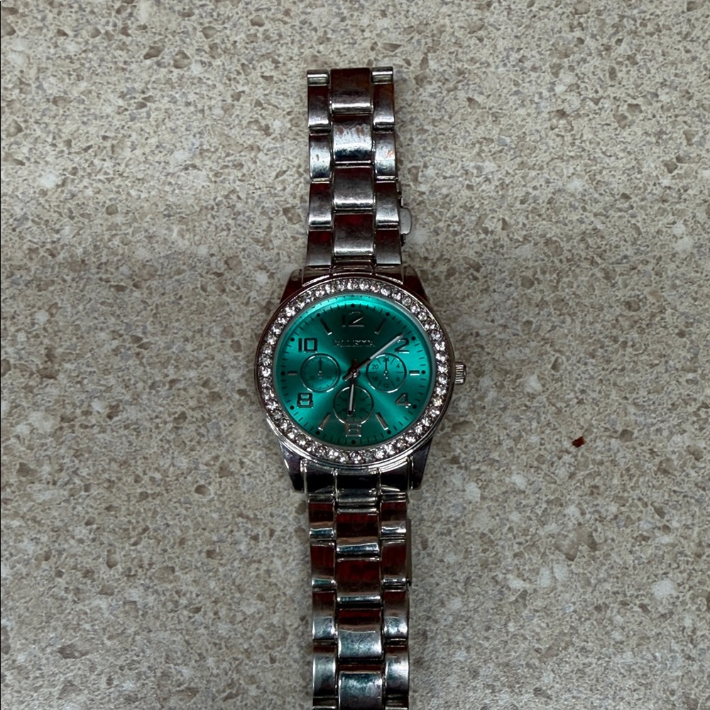 Silver Watch with Teal Face